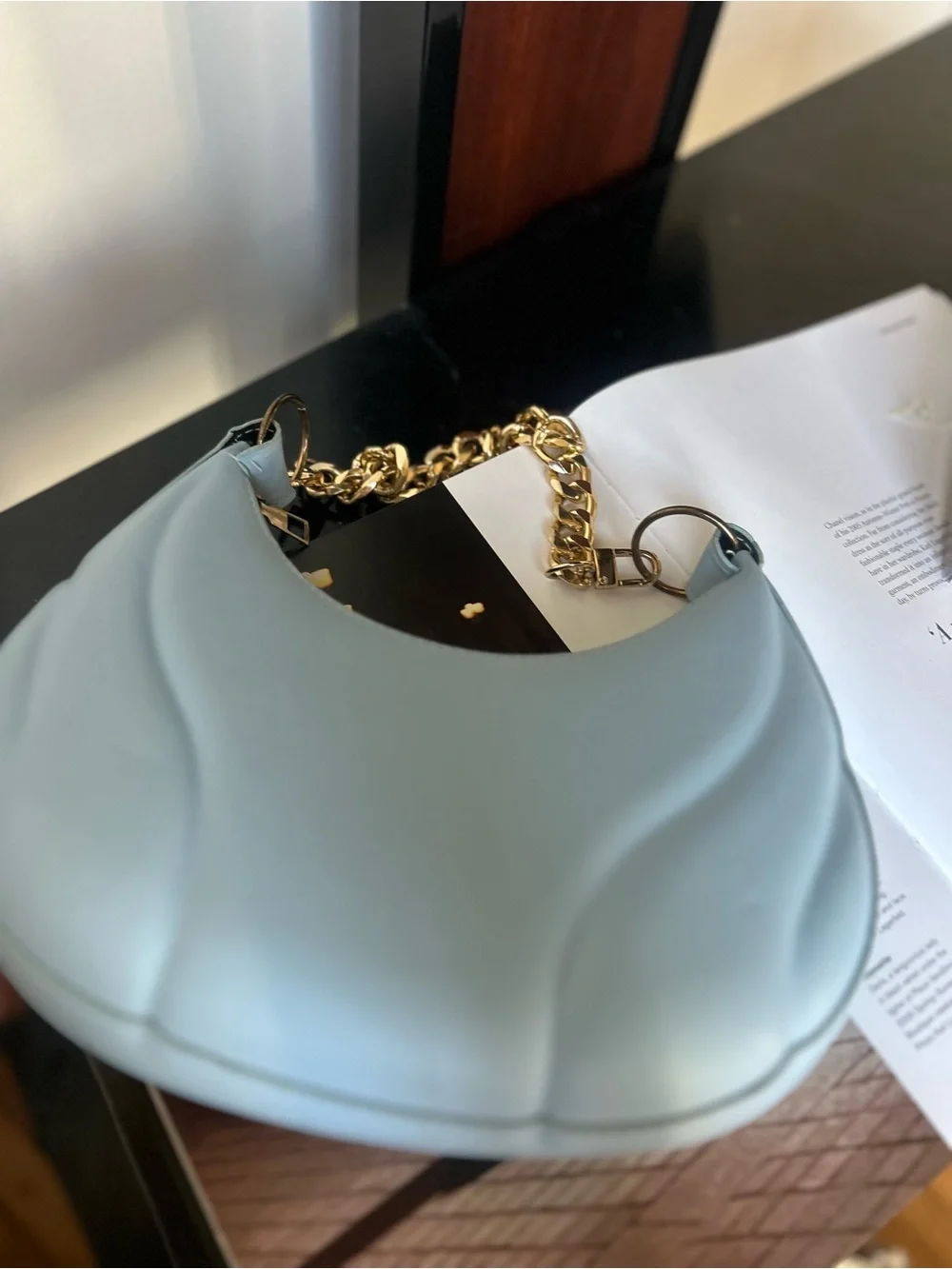 Light Blue Quilted Shoulder Bag with Gold Chain women